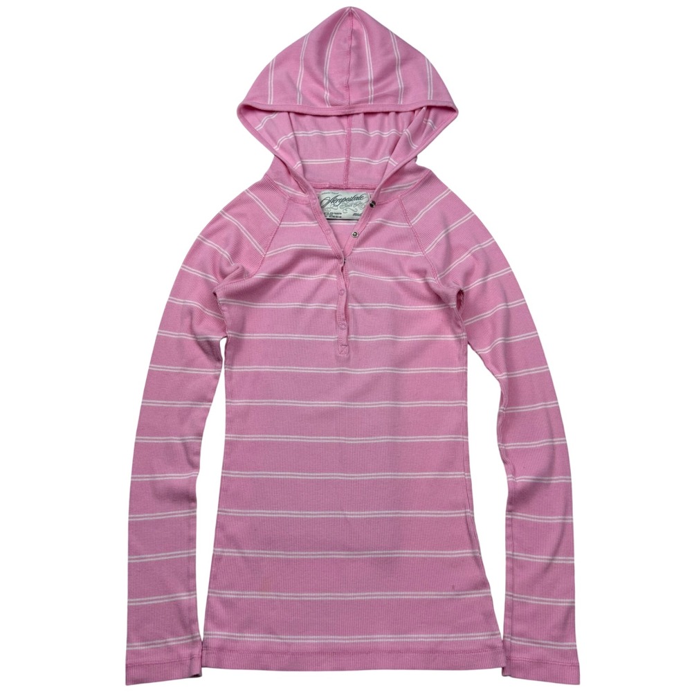 VTG Y2K Aeropostale Pink White Striped Ribbed Henley Hoodie Long Sleeve Top M